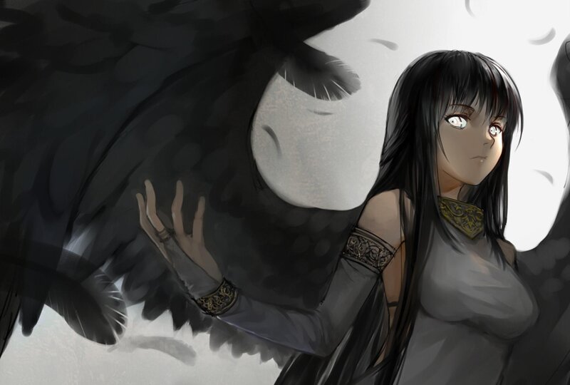 Woman with Black Wings — Dramatic, Digital Art, Long Hair, White Eyes