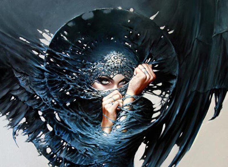 Woman with Black Wings — Dramatic, Digital Art, Mask