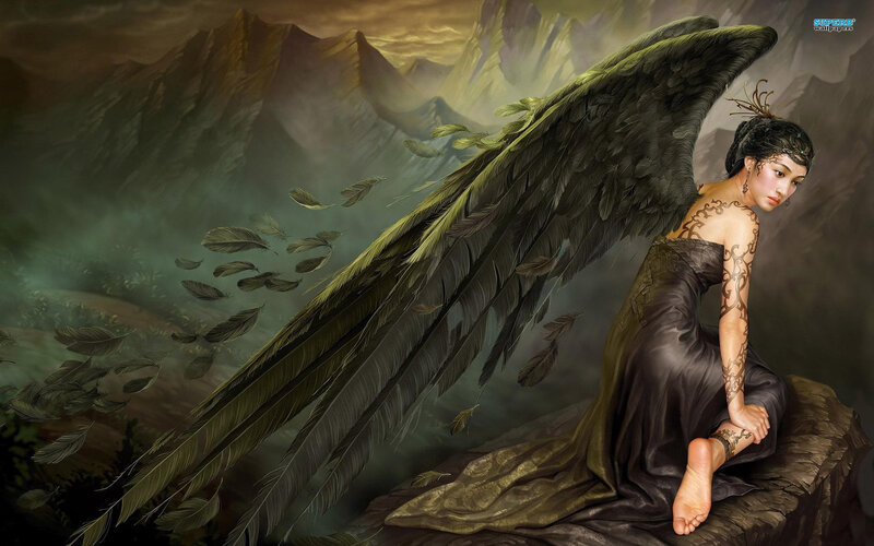 Woman with Black Wings — Dramatic, Digital Art, Mountains, Feathers