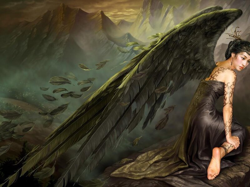 Woman with Black Wings — Dramatic, Digital Art, Mountains