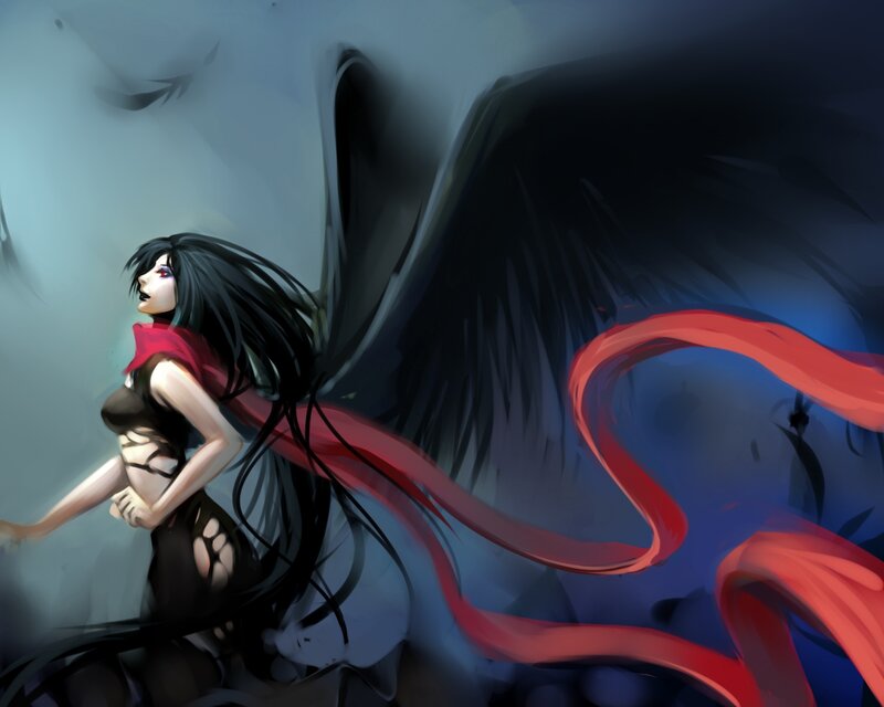 Woman with Black Wings — Dramatic, Digital Art, Red Ribbon