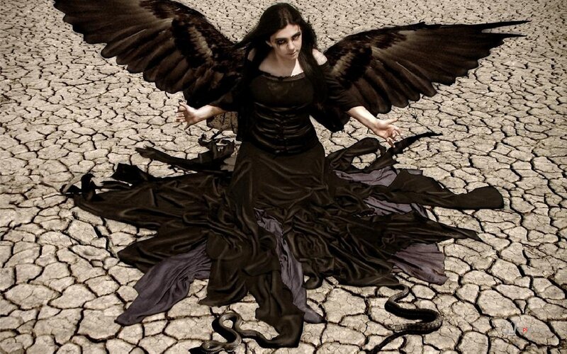Woman with Black Wings — Dramatic, Digital Art, Snake, Cracked Ground
