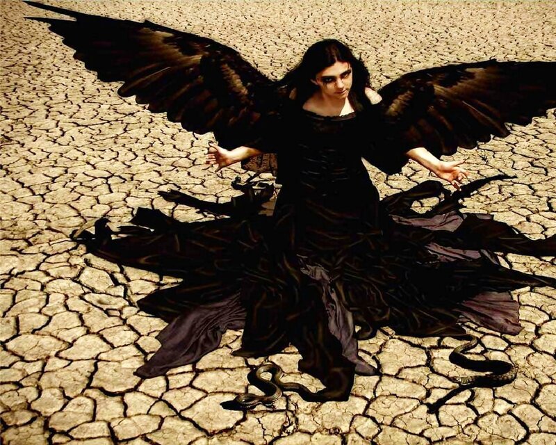 Woman with Black Wings — Dramatic, Digital Art, Snake