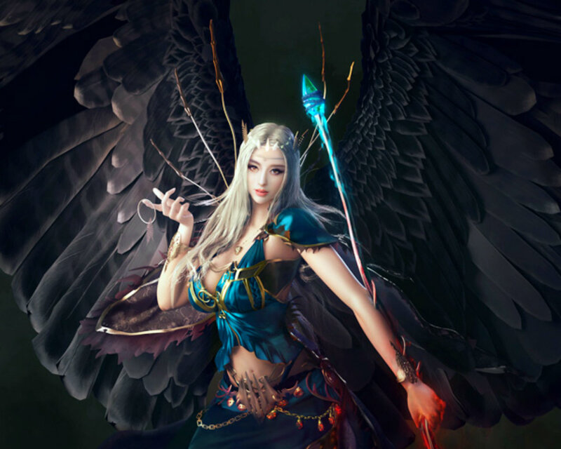 Woman with Black Wings — Dramatic, Digital Art, Staff