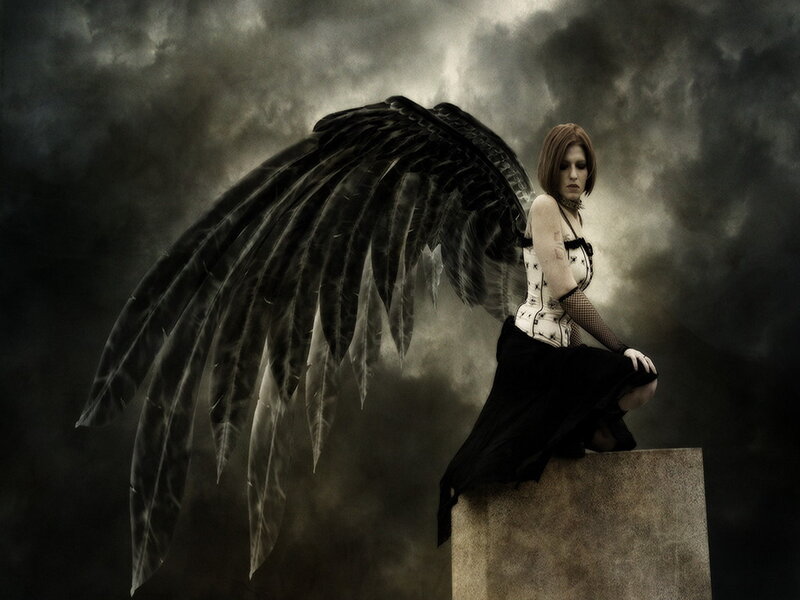 Woman with Black Wings — Dramatic, Digital Art, Stone Block