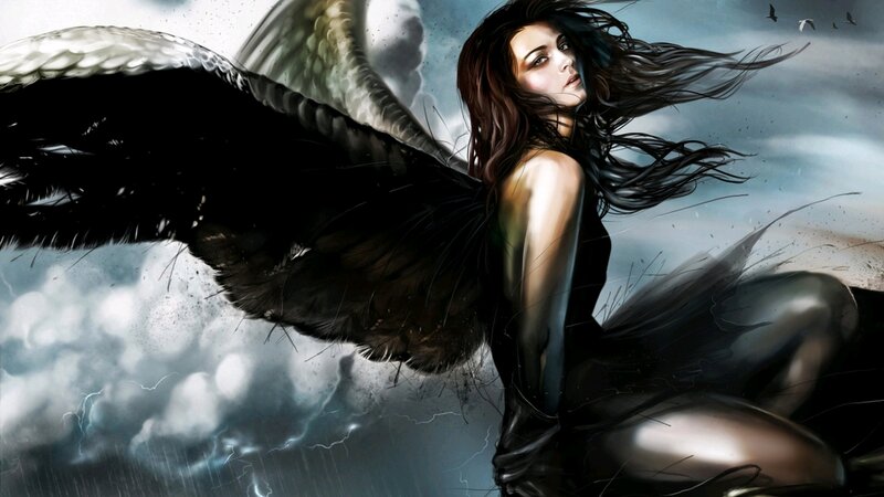 Woman with Black Wings — Dramatic, Digital Art, Storm, Clouds