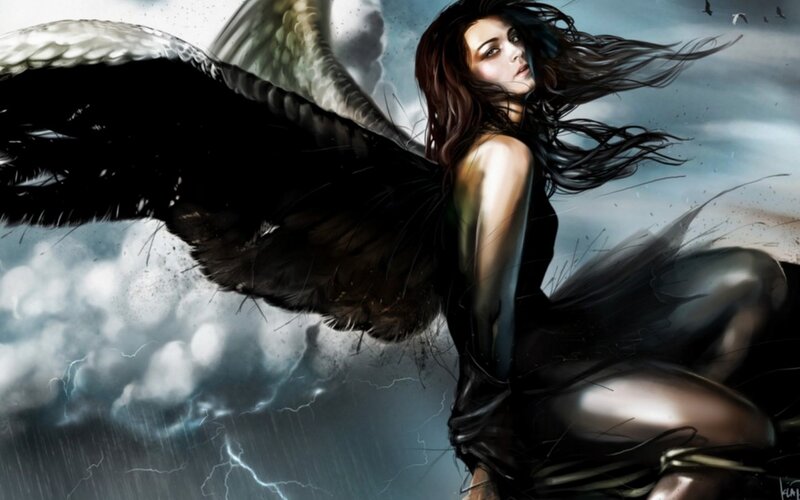 Woman with Black Wings — Dramatic, Digital Art, Storm, Lightning