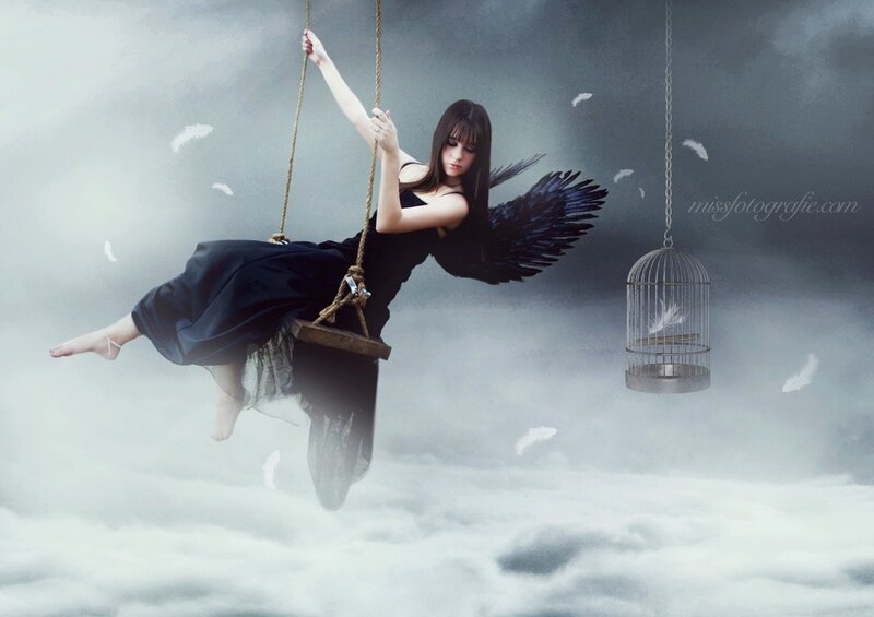 Woman with Black Wings — Dramatic, Digital Art, Swing