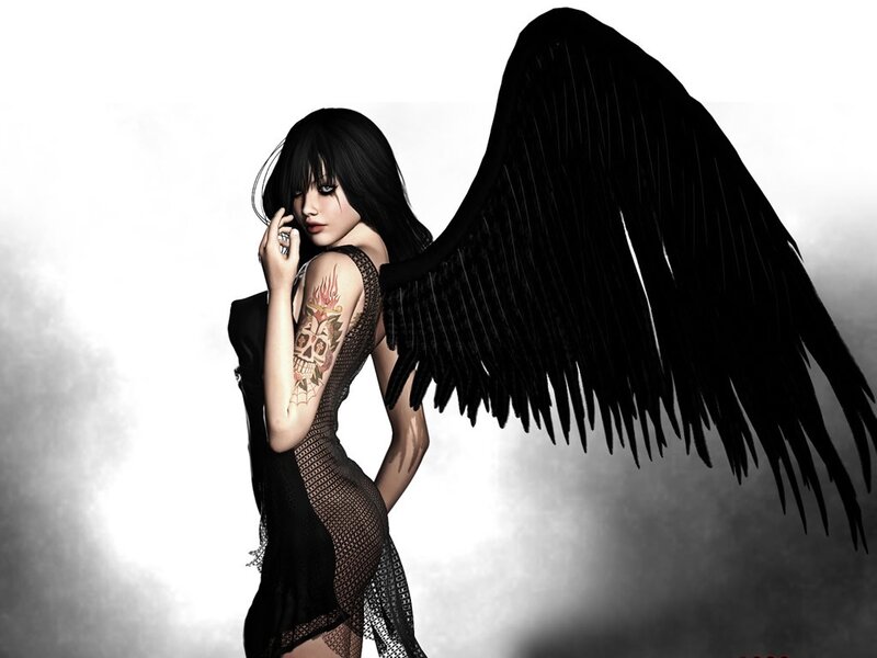 Woman with Black Wings — Dramatic, Digital Art, Tattoo, Dress