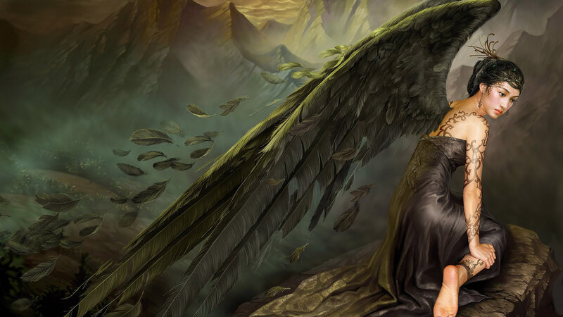 Woman with Black Wings — Dramatic, Digital Art, Tattoos, Feathers