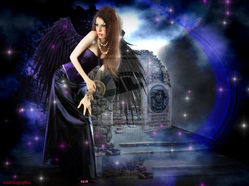 Woman with Black Wings — Dramatic, Night, Digital Art, Angel