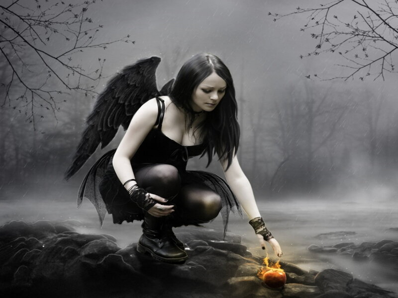 Woman with Black Wings — Dramatic, Night, Digital Art, Apple, Fire