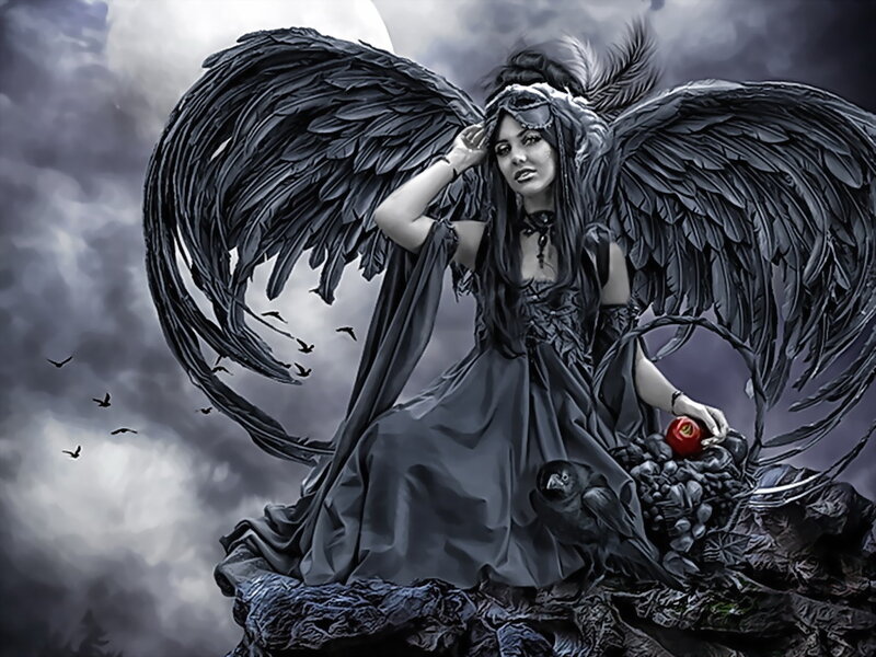 Woman with Black Wings — Dramatic, Night, Digital Art, Apple