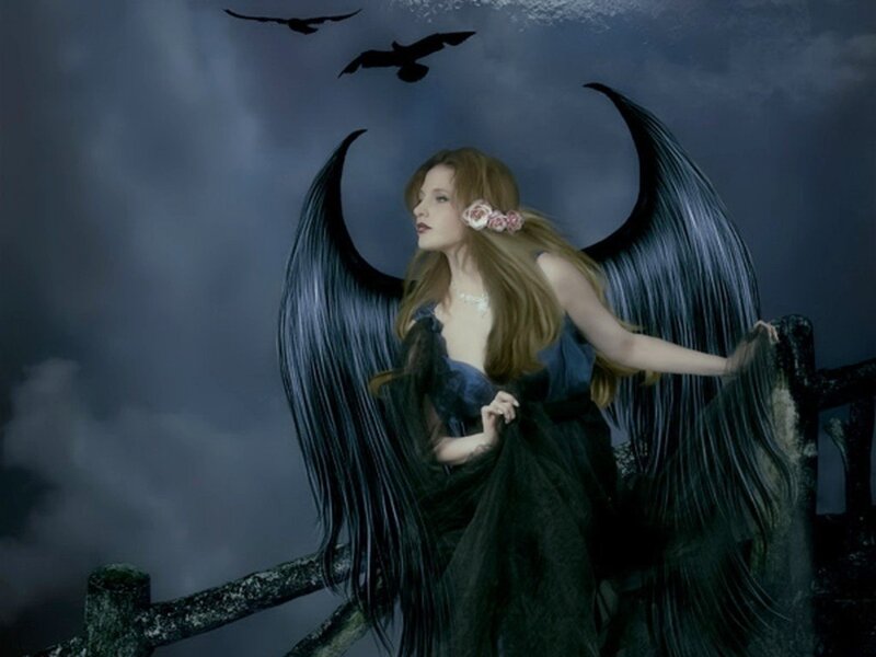 Woman with Black Wings — Dramatic, Night, Digital Art, Birds, Flowers