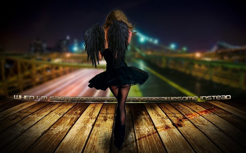 Woman with Black Wings — Dramatic, Night, Digital Art, Bridge, City Lights