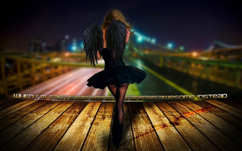 Woman with Black Wings — Dramatic, Night, Digital Art, Bridge