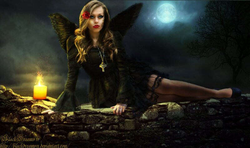 Woman with Black Wings — Dramatic, Night, Digital Art, Candle