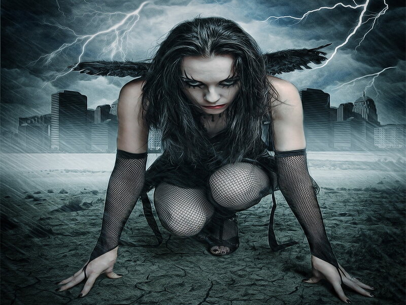 Woman with Black Wings — Dramatic, Night, Digital Art, Cityscape