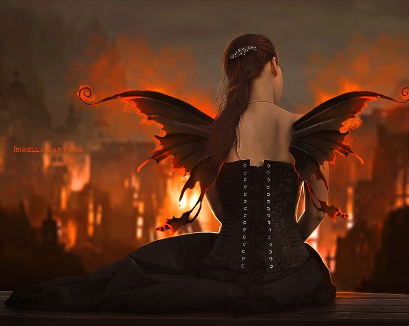 Woman with Black Wings — Dramatic, Night, Digital Art, Corset, Fire