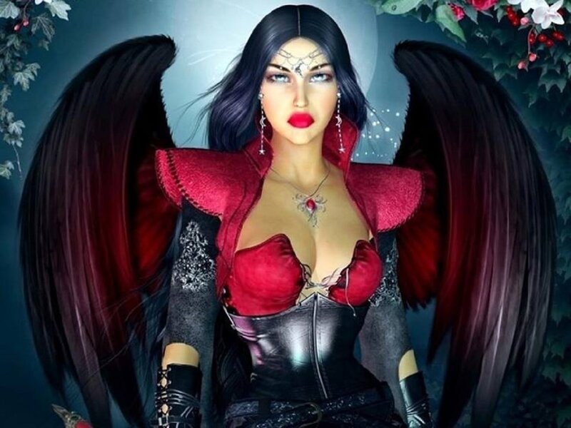 Woman with Black Wings — Dramatic, Night, Digital Art, Corset, Red Lipstick