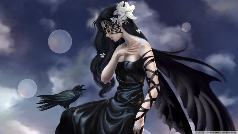 Woman with Black Wings — Dramatic, Night, Digital Art, Crow, Flowers, Mask, Bubbles