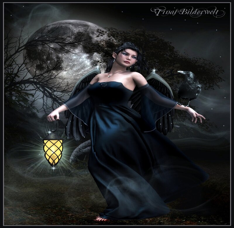 Woman with Black Wings — Dramatic, Night, Digital Art, Crow, Lantern