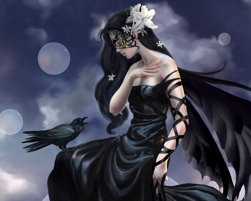 Woman with Black Wings — Dramatic, Night, Digital Art, Crow, Mask, Flowers