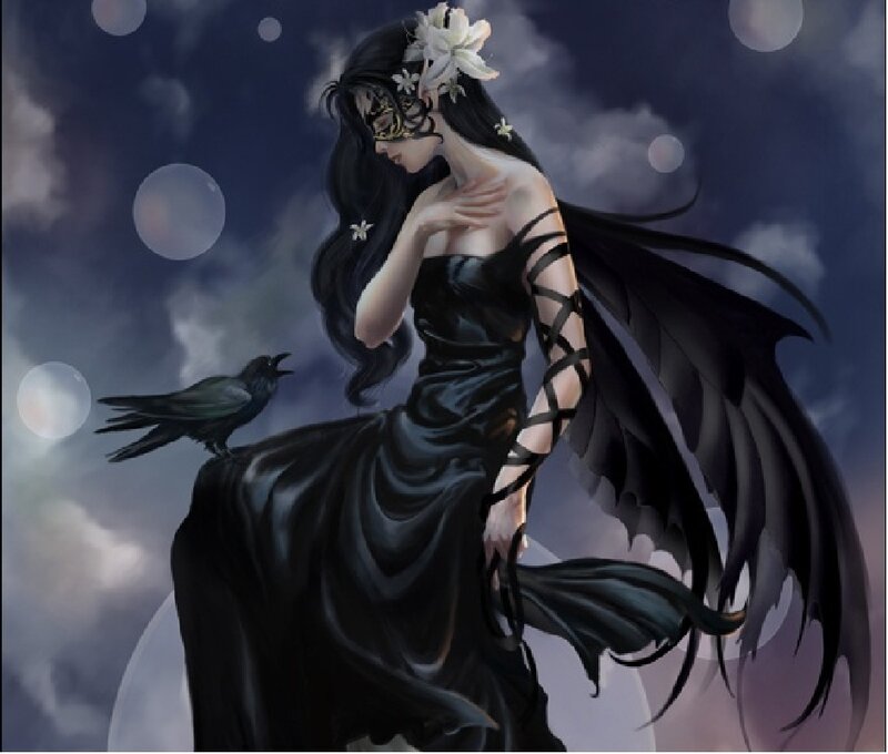 Woman with Black Wings — Dramatic, Night, Digital Art, Crow, Mask