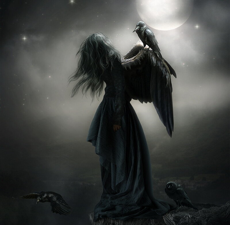 Woman with Black Wings — Dramatic, Night, Digital Art, Crow, Moon
