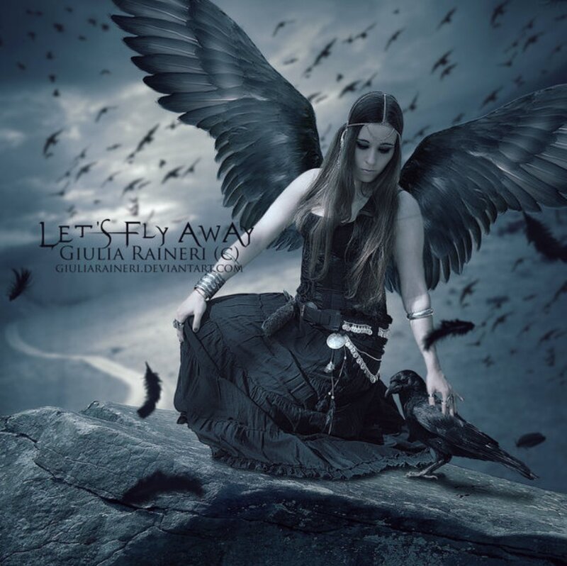 Woman with Black Wings — Dramatic, Night, Digital Art, Crow, Rocks