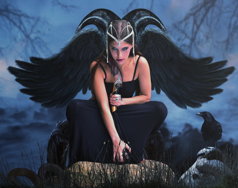 Woman with Black Wings — Dramatic, Night, Digital Art, Crow, Snake