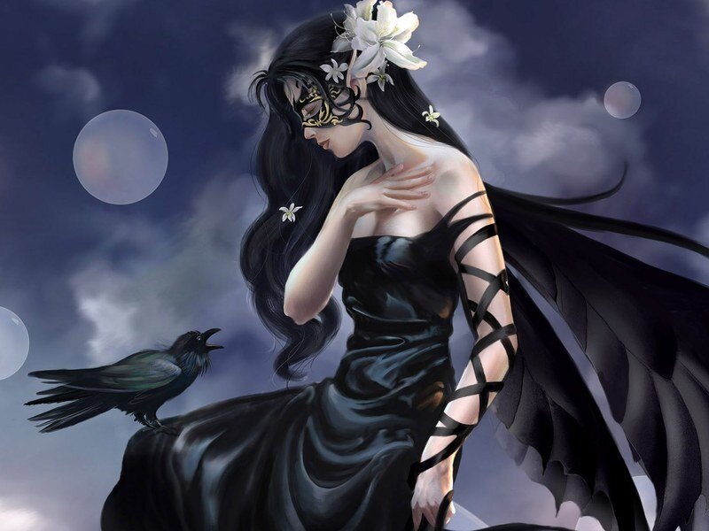 Woman with Black Wings — Dramatic, Night, Digital Art, Crow