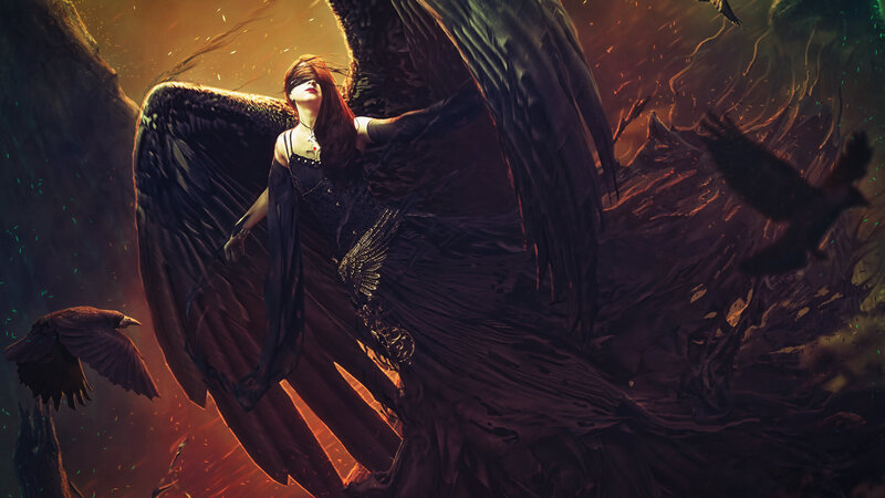 Woman with Black Wings — Dramatic, Night, Digital Art, Crows, Dark Sky
