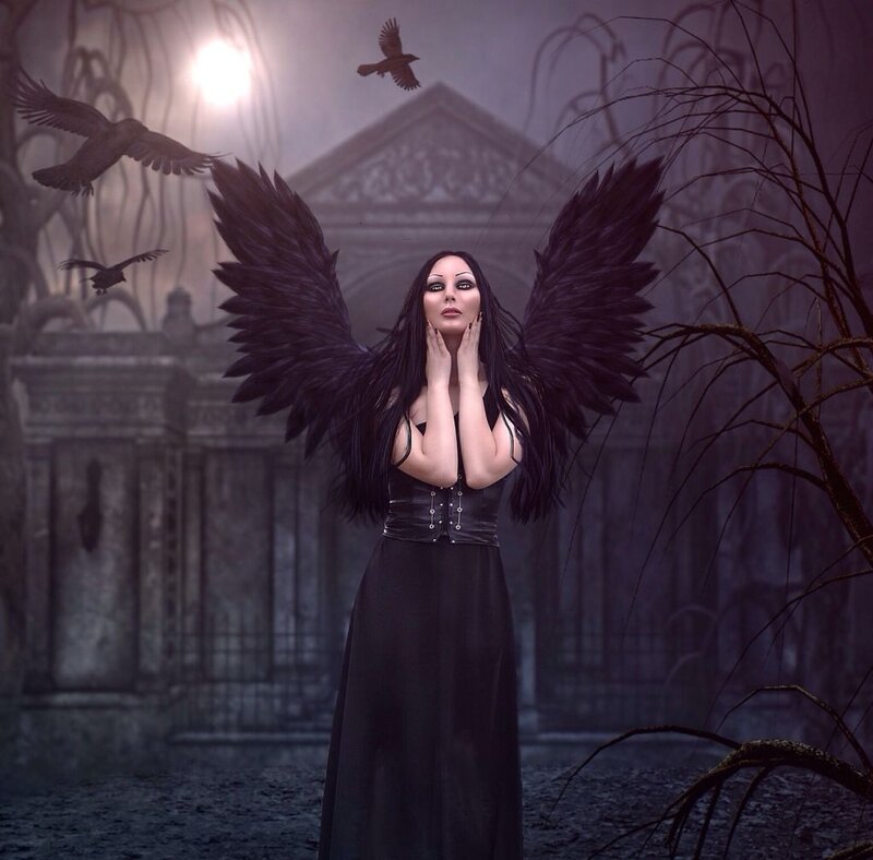 Woman with Black Wings — Dramatic, Night, Digital Art, Crows, Gates