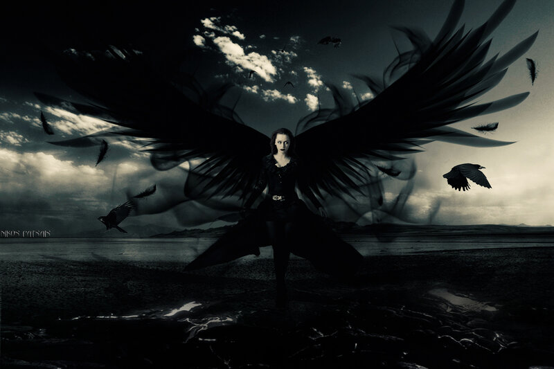 Woman with Black Wings — Dramatic, Night, Digital Art, Crows, Sky