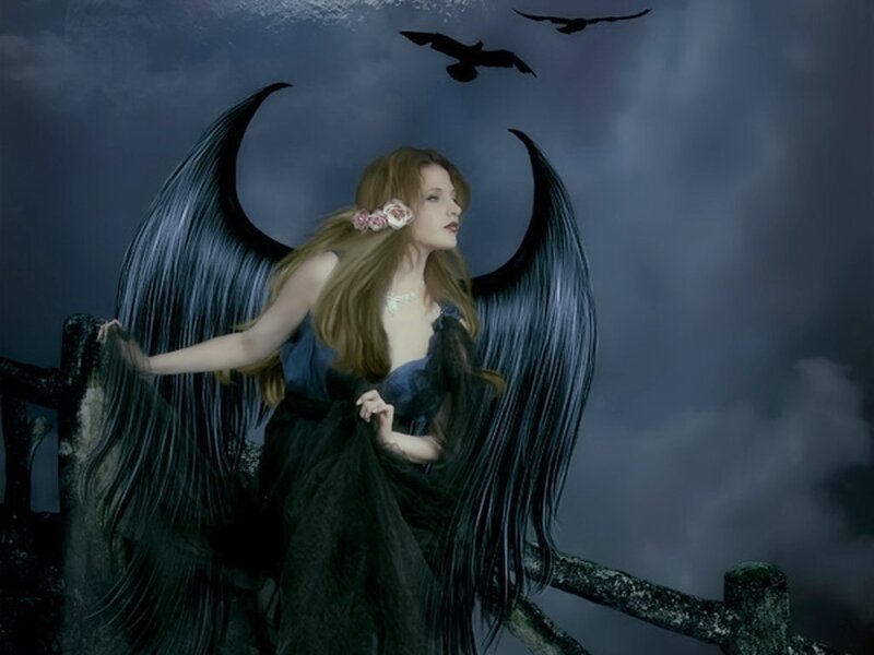 Woman with Black Wings — Dramatic, Night, Digital Art, Crows