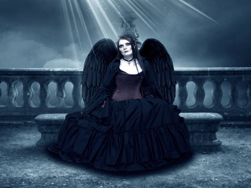 Woman with Black Wings — Dramatic, Night, Digital Art, Dress, Balustrade