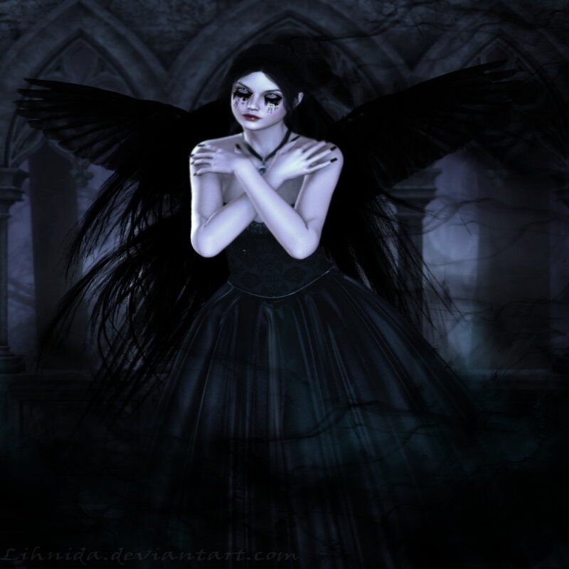 Woman with Black Wings — Dramatic, Night, Digital Art, Dress, Castle