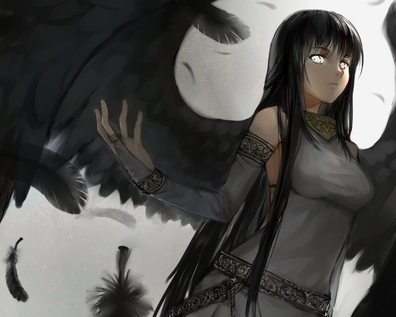 Woman with Black Wings — Dramatic, Night, Digital Art, Feathers