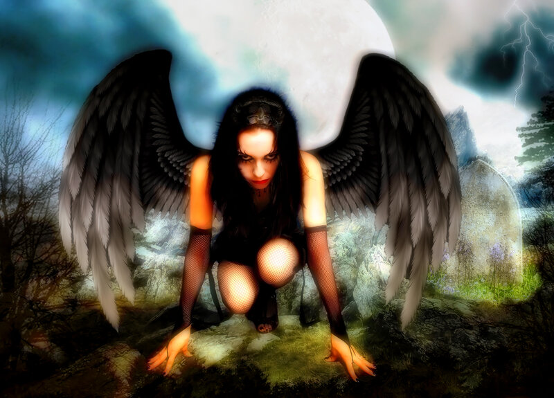 Woman with Black Wings — Dramatic, Night, Digital Art, Graveyard