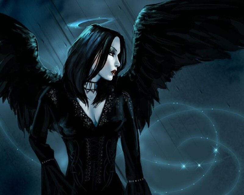 Woman with Black Wings — Dramatic, Night, Digital Art, Halo, Corset