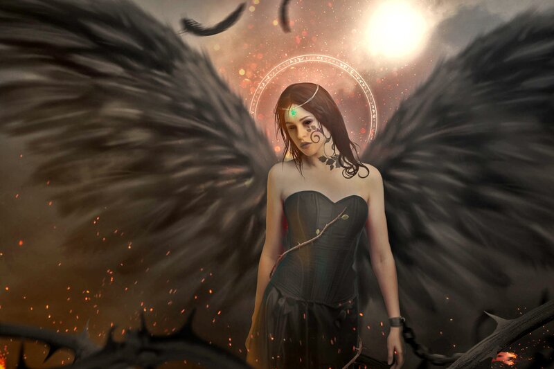 Woman with Black Wings — Dramatic, Night, Digital Art, Halo, Sparks