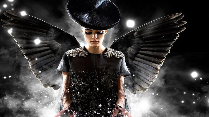 Woman with Black Wings — Dramatic, Night, Digital Art, Hat, Dress