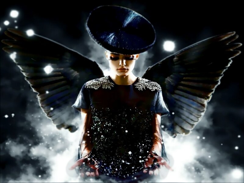 Woman with Black Wings — Dramatic, Night, Digital Art, Hat, Sparkles