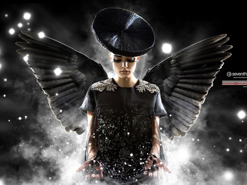 Woman with Black Wings — Dramatic, Night, Digital Art, Hat