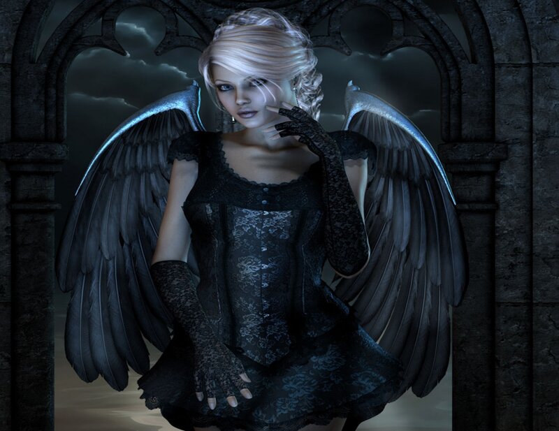 Woman with Black Wings — Dramatic, Night, Digital Art, Lace Dress