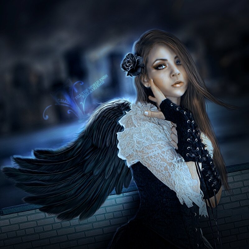 Woman with Black Wings — Dramatic, Night, Digital Art, Lace