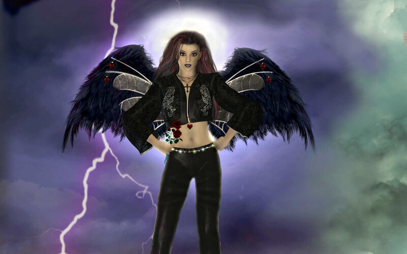 Woman with Black Wings — Dramatic, Night, Digital Art, Lightning, Roses