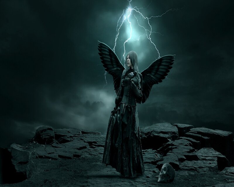 Woman with Black Wings — Dramatic, Night, Digital Art, Lightning