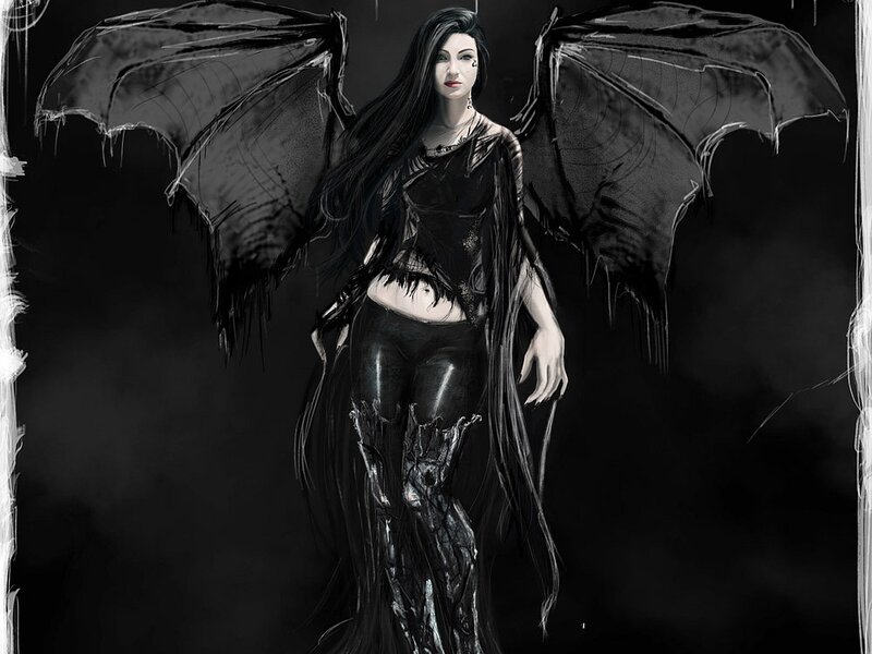Woman with Black Wings — Dramatic, Night, Digital Art, Long Hair